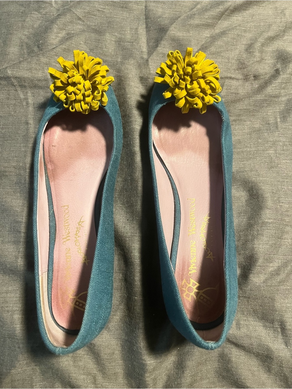 Vivienne Westwood "Adele" Teal Ballet Flats with Yellow Pom Detail